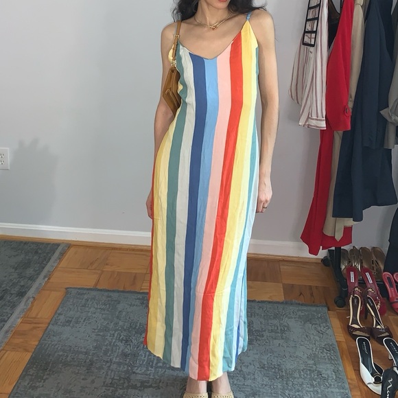 Rainbow Striped Midi/ Maxi Reformation Camisol Dress with X-Tie Back - Picture 4 of 5